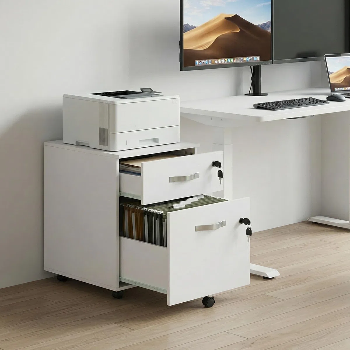 Caisson de Rangement, Meuble Bureau à 5 roulettes, 2 Tiroirs, Verrouillable Meuble sous Bureau 53.5 cm Hauteur, Blanc