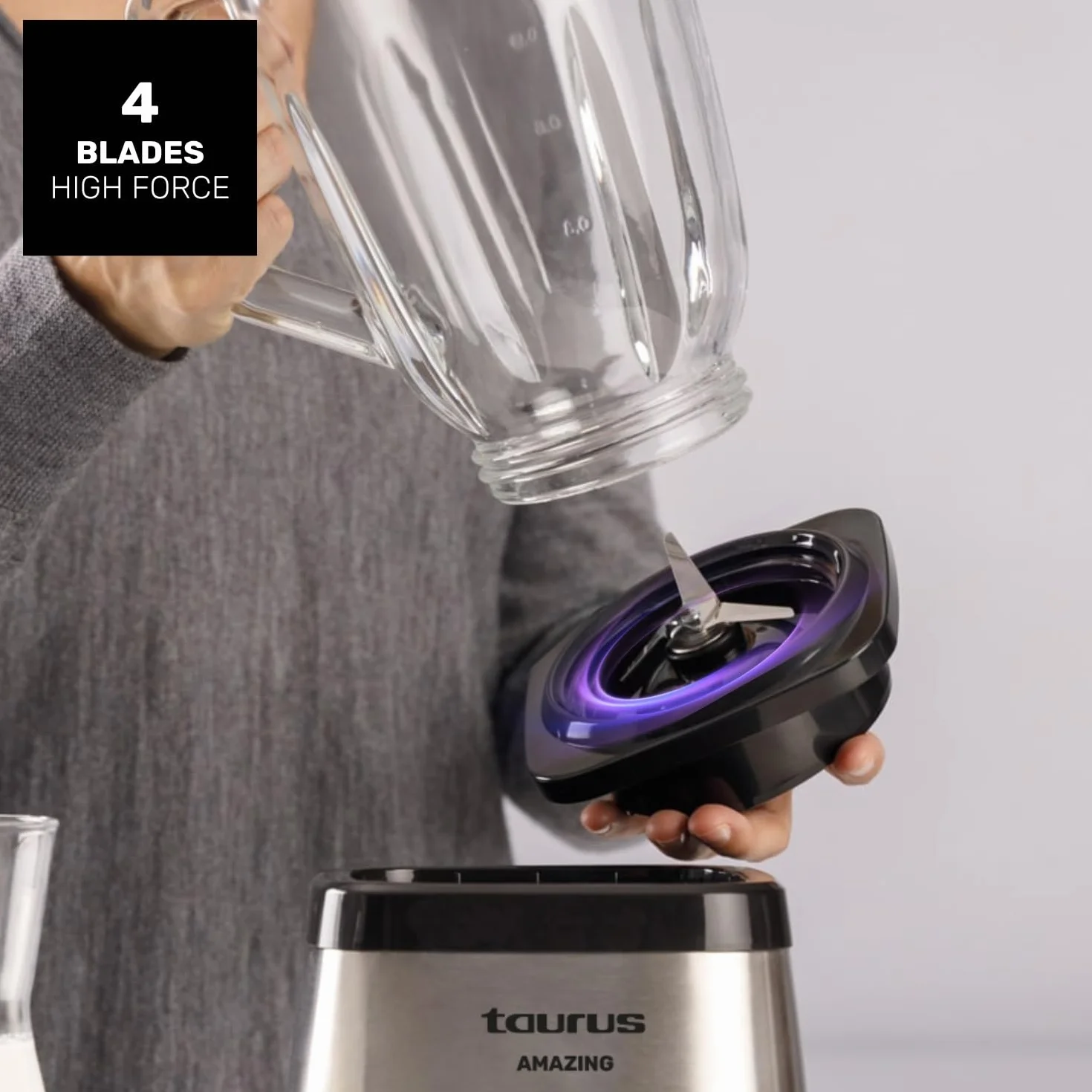 Taurus - Blender de table 1500 W | Bol en verre 1,5 L | 4 lames inox amovibles | Fonction glace pilée | Sans BPA | Compatible lave-vaisselle | 2 vitesses + Turbo | Gris