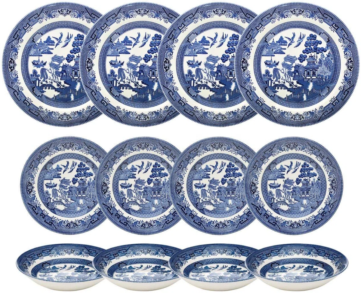 Churchill Blue Willow dîner assiettes assiettes à salade et Coupe bols 12 pièce vaisselle Set 12 pces