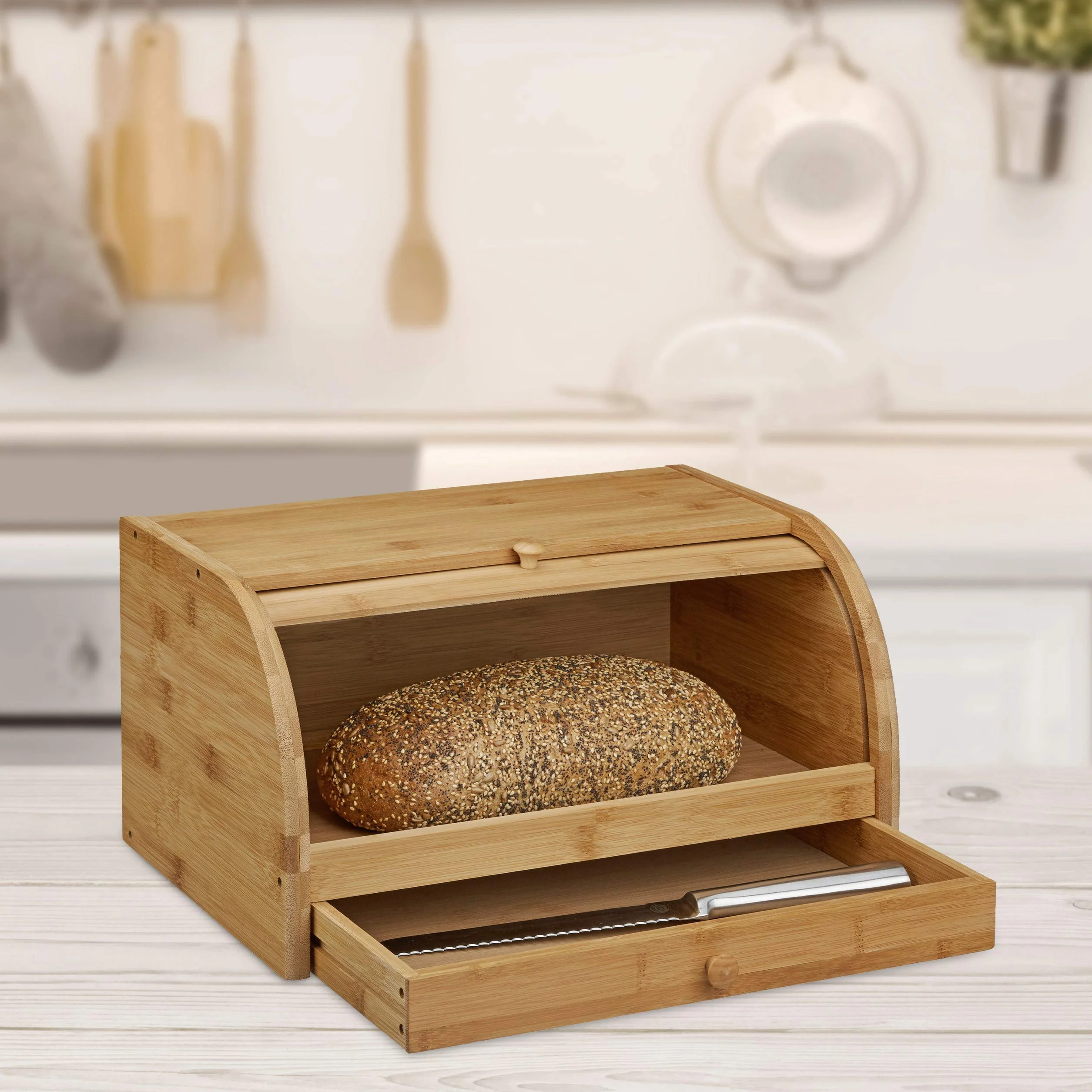 Relaxdays Boîte à pain tiroir couteau caisse à pain en bambou bois couvercle HxlxP: 21 x 40,5 x 28 cm, nature