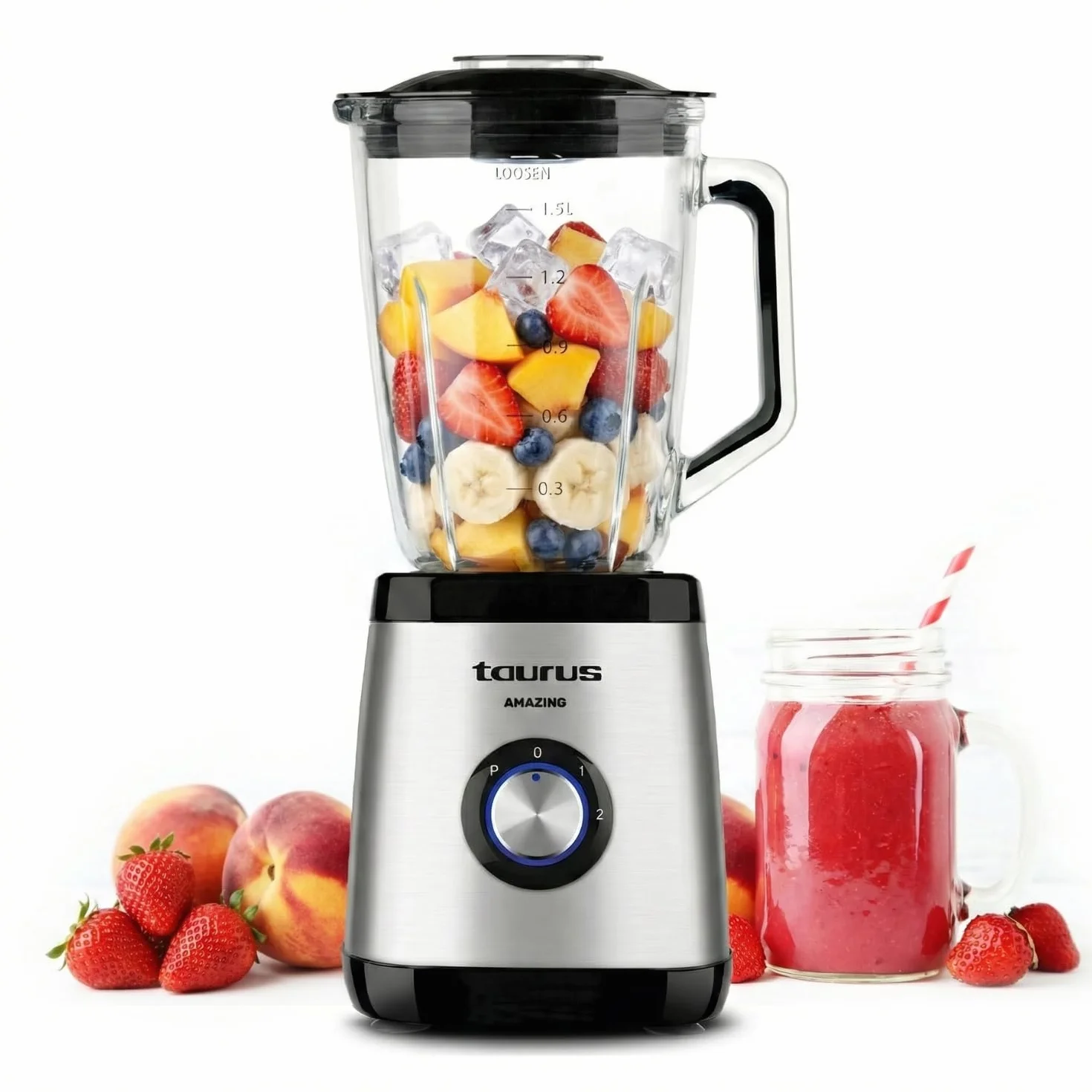 Taurus - Blender de table 1500 W | Bol en verre 1,5 L | 4 lames inox amovibles | Fonction glace pilée | Sans BPA | Compatible lave-vaisselle | 2 vitesses + Turbo | Gris