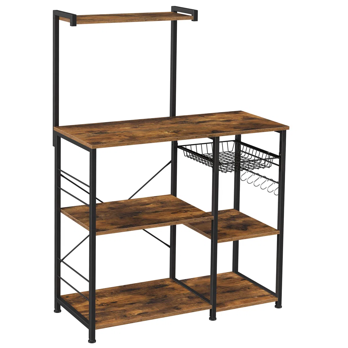 VASAGLE Étagère Cuisine, Support pour Four à Micro-ondes, Rangement Cuisine Gain de Place, avec Panier, 6 Crochets, Étagère à Épices, Casseroles, 40 x 90 x 134 cm, Marron Rustique et Noir KKS35X