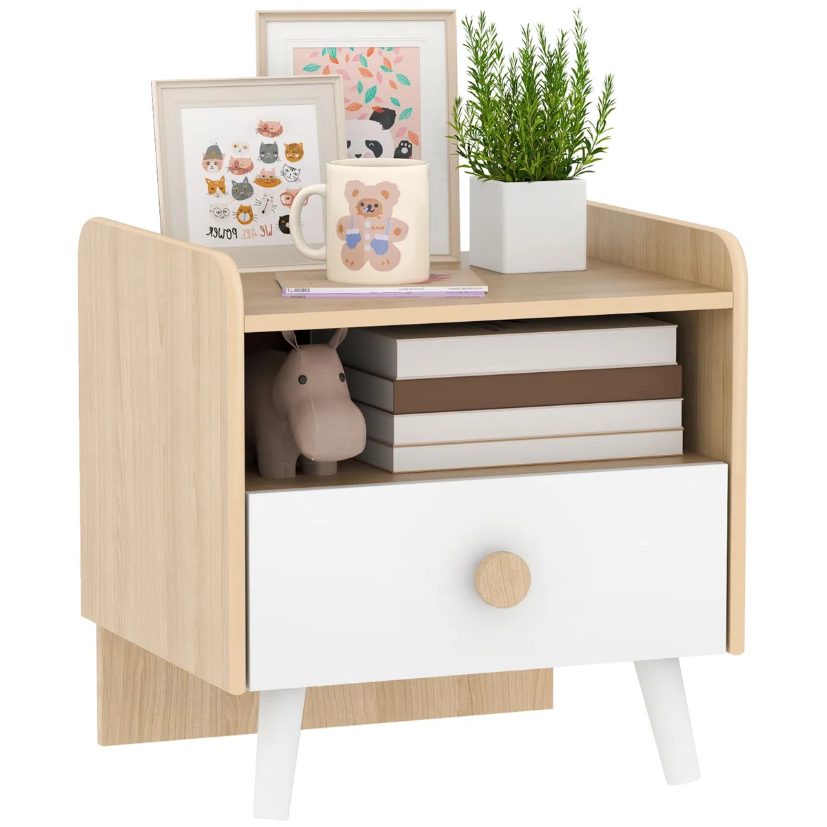 AIYAPLAY Table de Chevet Enfant Table de Nuit Enfant avec tiroir et Niche, Petite Table d'appoint en Bois pour Chambre d'enfant, 40L x 32,5l x 40H cm, Blanc