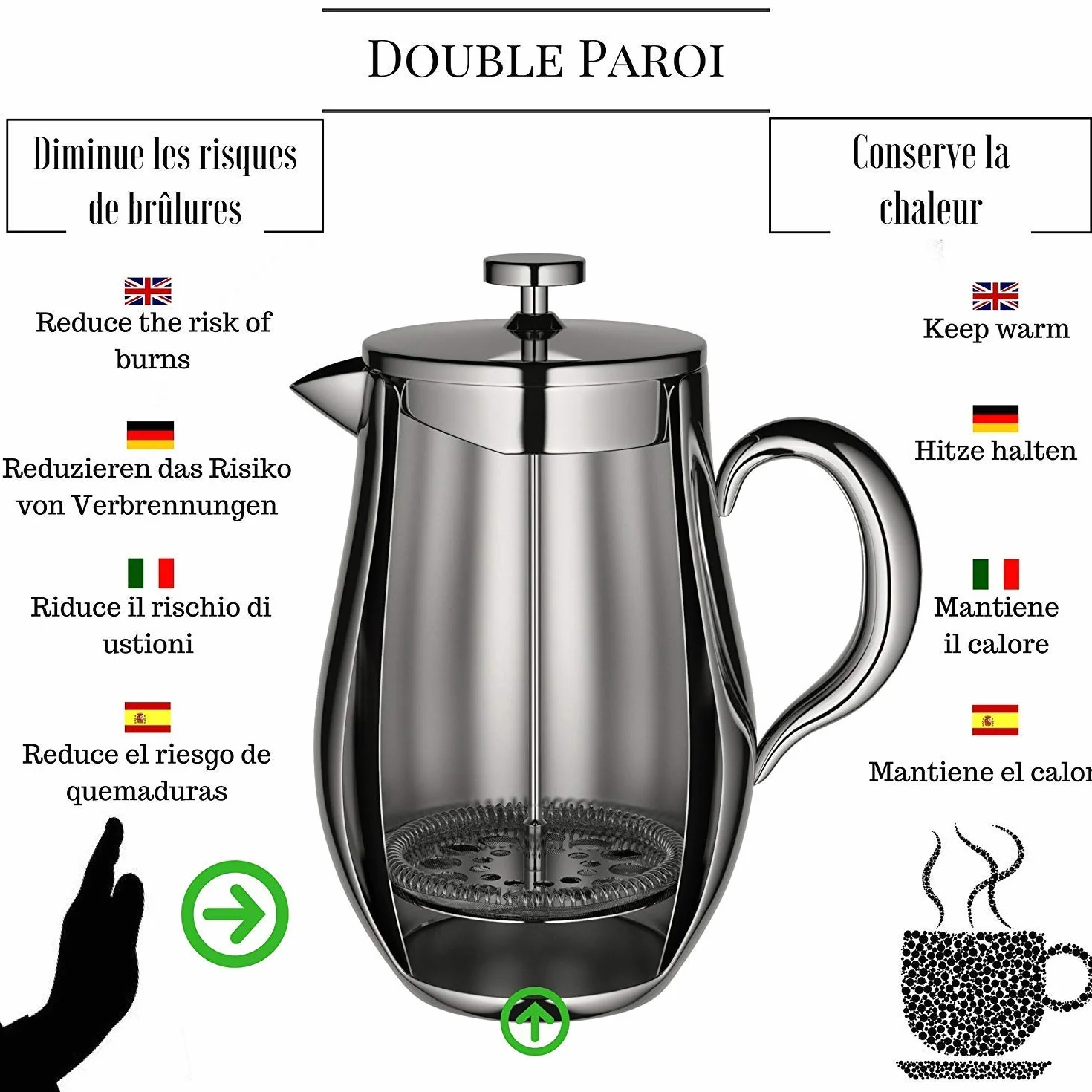 VeoHome - Cafetière à Piston 1 Litre - Incassable et Garde Le café Chaud Longtemps grâce à sa Double Coque INOX…