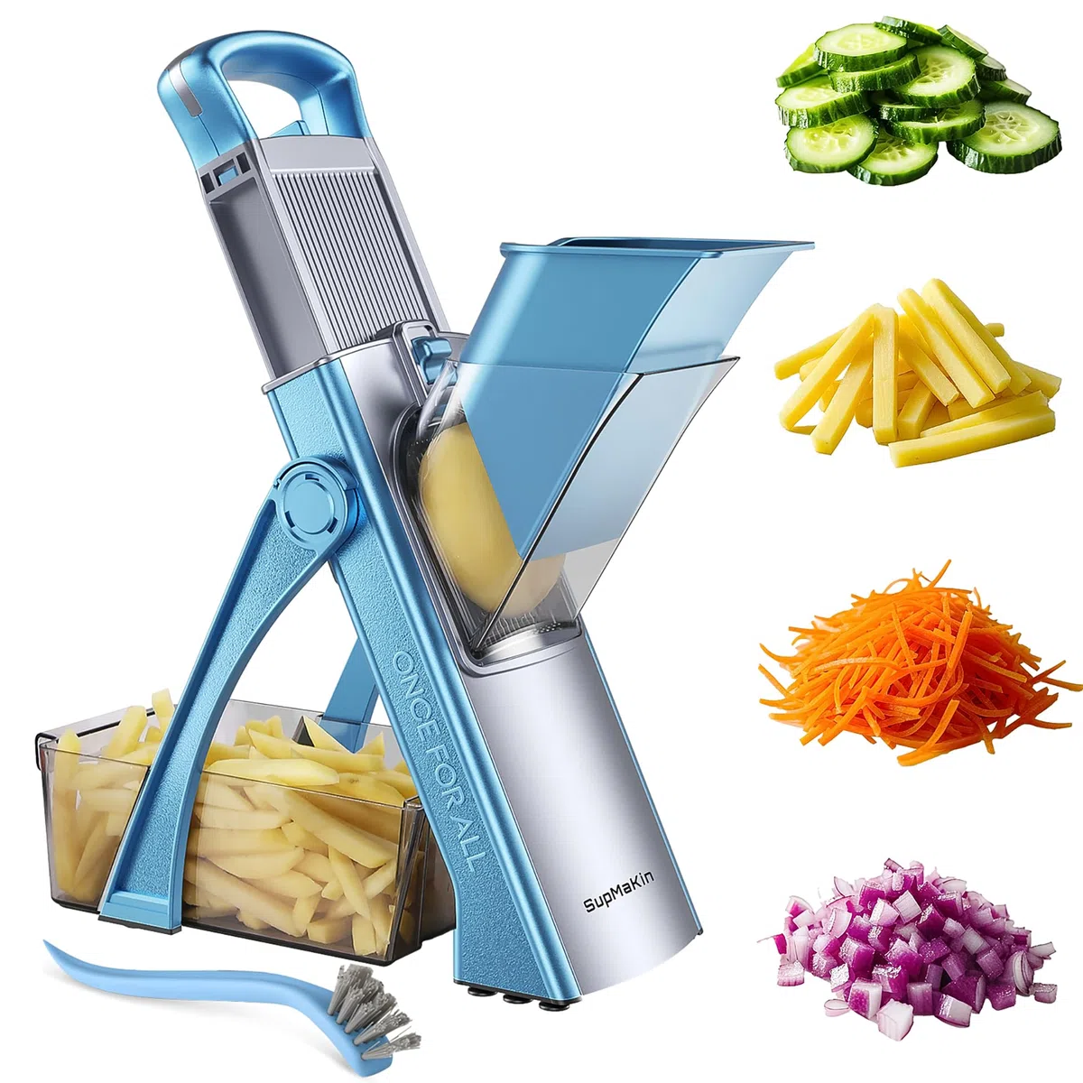 SupMaKin Mandoline de Cuisine Safety Slicer Manuelle Multifonction Tous Coupe Légumes Lame en acier inoxydable, Julienne, Cubes, Fcoupe Patate Frite carotte, Euroshopping -bleu ciel