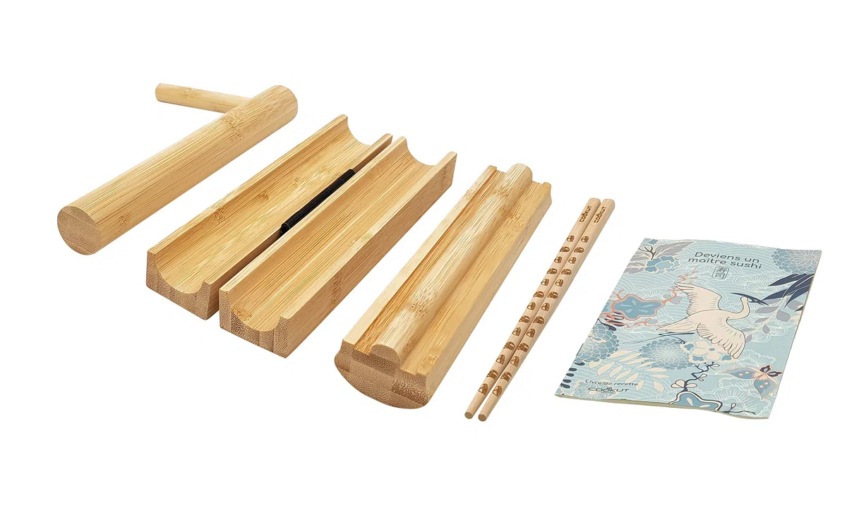 COOKUT - Coffret SOOSHI - Kit pour préparer de Magnifiques makis Sushi Super Facilement avec Appareil en Bambou, Baguettes et Livre de Recettes