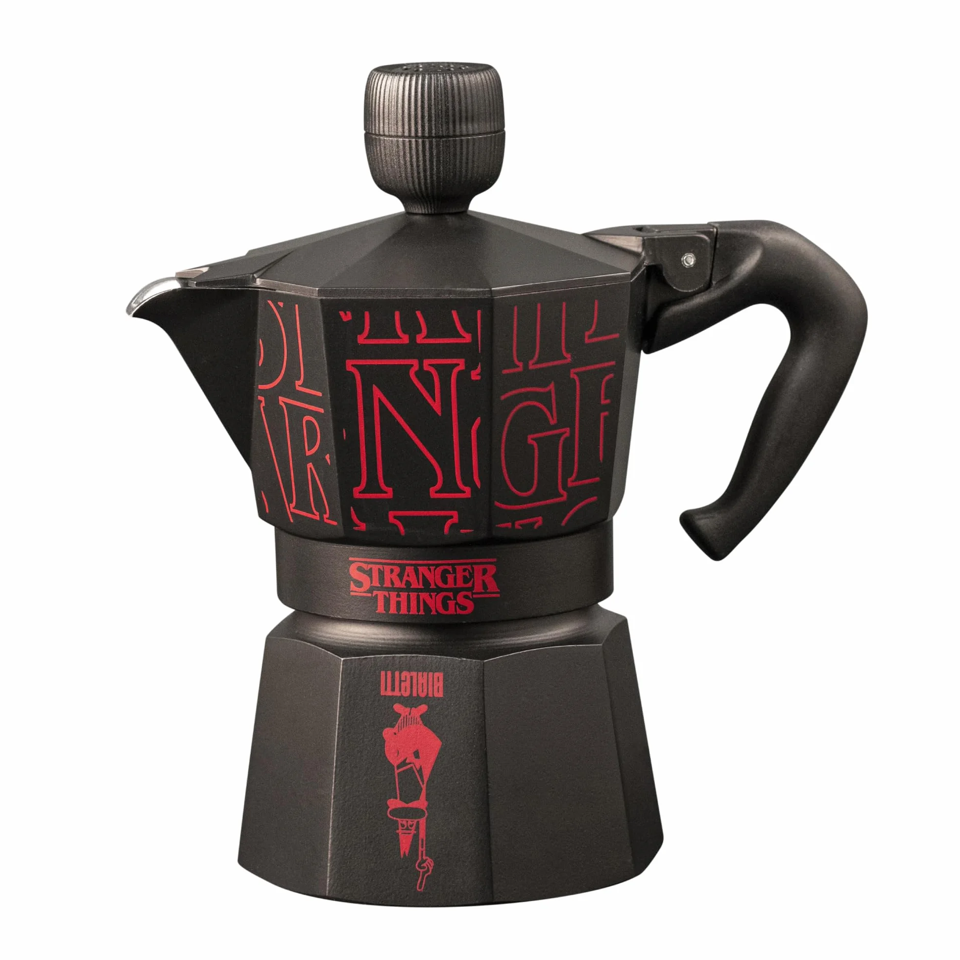 Bialetti Moka Express Stranger Things – Cafetière italienne 3 tasses (130 ml), bouton musical avec recharge USB-C, non compatible induction, noir
