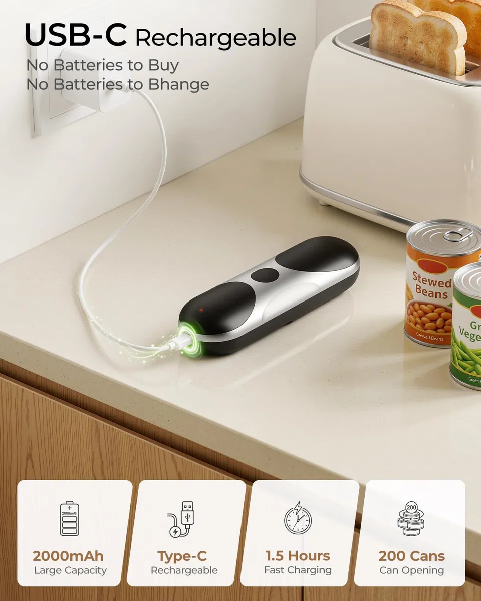 Ouvre-boîte électrique rechargeable pour personnes âgées souffrant d'arthrite - Fonctionnement automatique à une touche - Avec bord lisse - Pour petites ou grandes boîtes