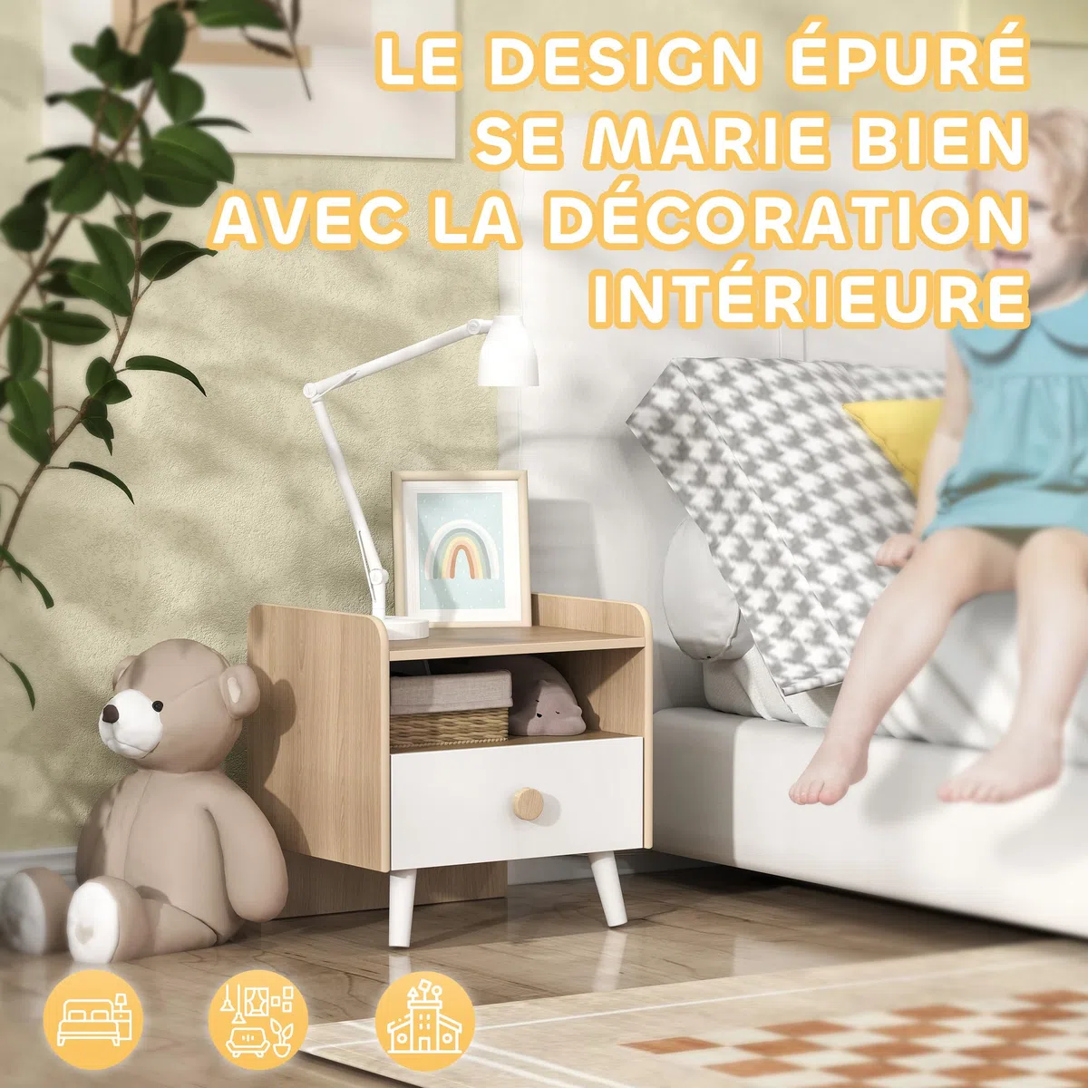 AIYAPLAY Table de Chevet Enfant Table de Nuit Enfant avec tiroir et Niche, Petite Table d'appoint en Bois pour Chambre d'enfant, 40L x 32,5l x 40H cm, Blanc