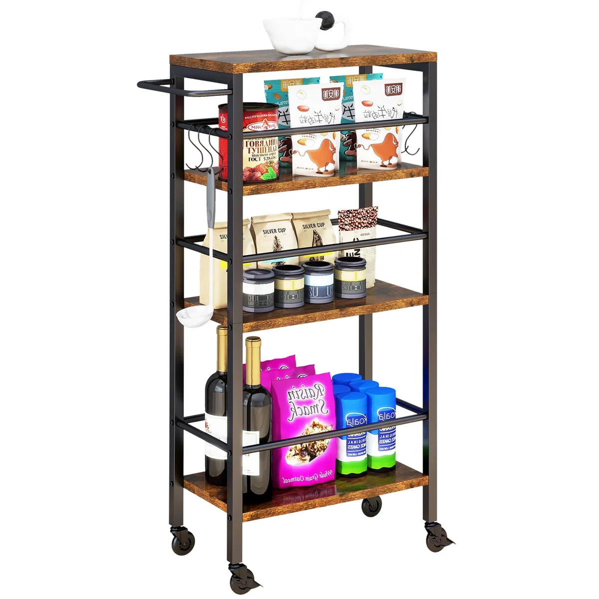 IBUYKE Chariot de Cuisine étroit 20cm Large,Desserte Métallique 4 Niveaux,Desserte à roulettes en Poignées,Montage Facile, pour Cuisine, Salle de Bain, Salon, Marron Vintage TMJ065H