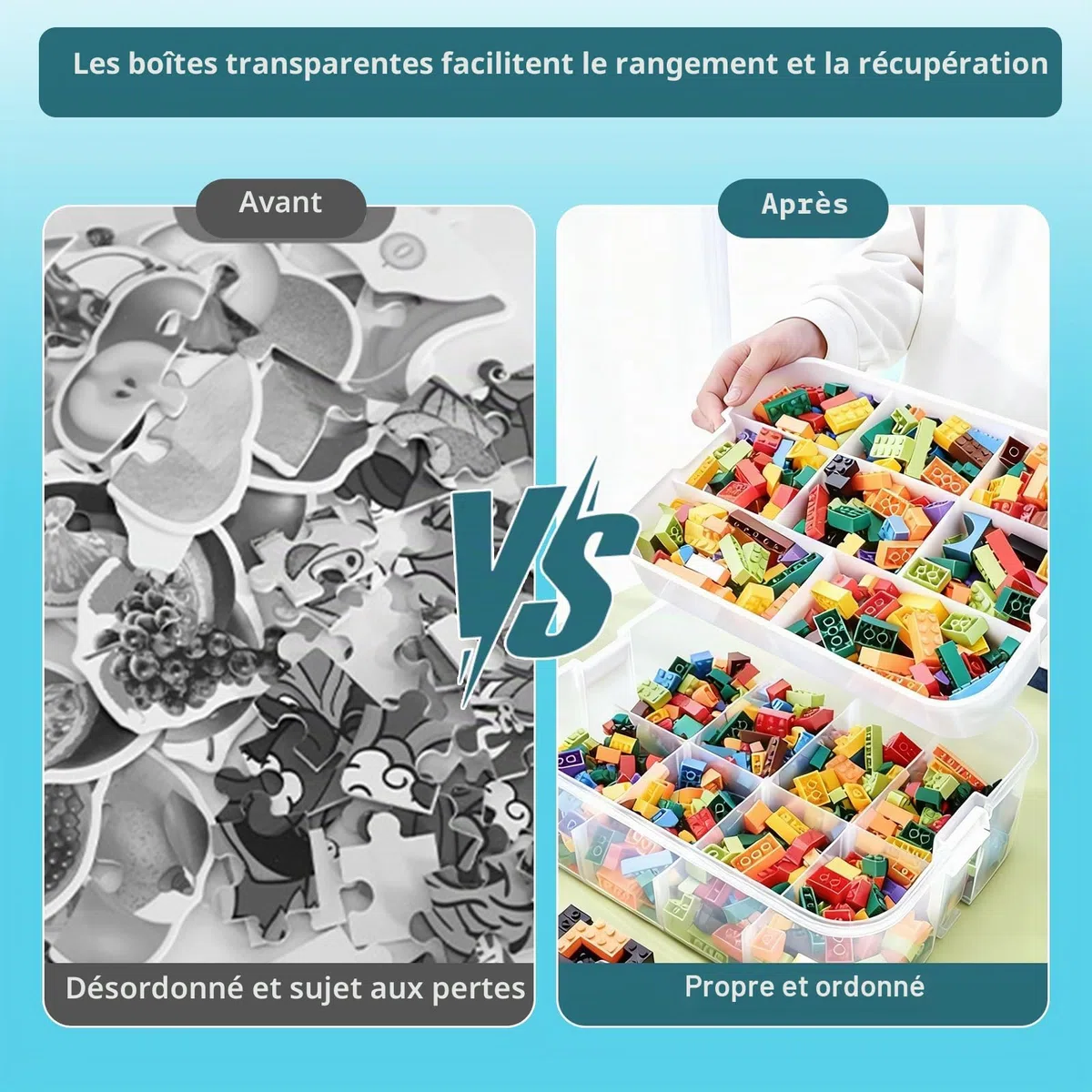 Boîte de rangement organisateur pour jouets Lego empilable, boîtier de rangement conteneur à jouets multi-compartiments pour tri de blocs de construction, mallette portable pour blocs