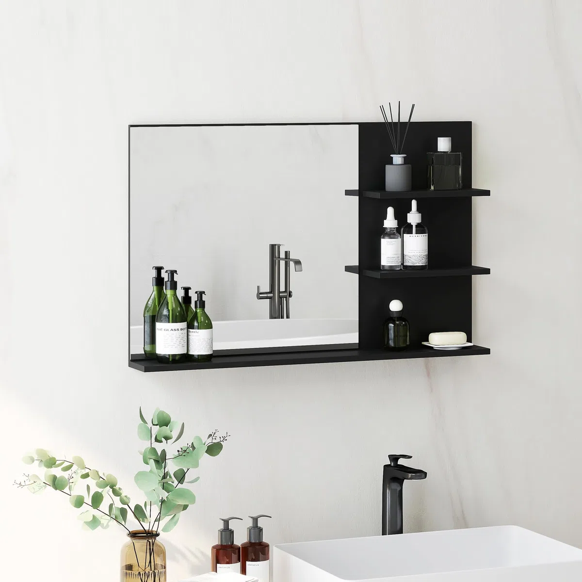 kleankin Miroir de Salle de Bain Moderne avec 2 étagères latérales et Une étagère inférieure, Miroir Mural en MDF et Verre, 75x10x48 cm, Noir