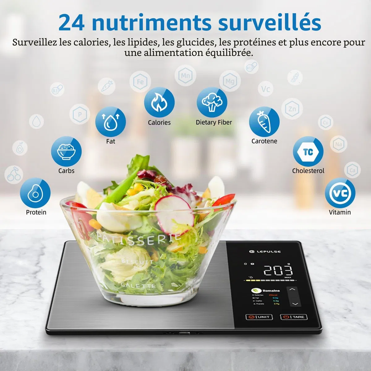 Balance de cuisine numérique avec calcul des valeurs nutritionnelles, balance alimentaire avec 24 analyses nutritionnelles, balance alimentaire en acier inoxydable de 5 kg, écran couleur TFT, 50 hors