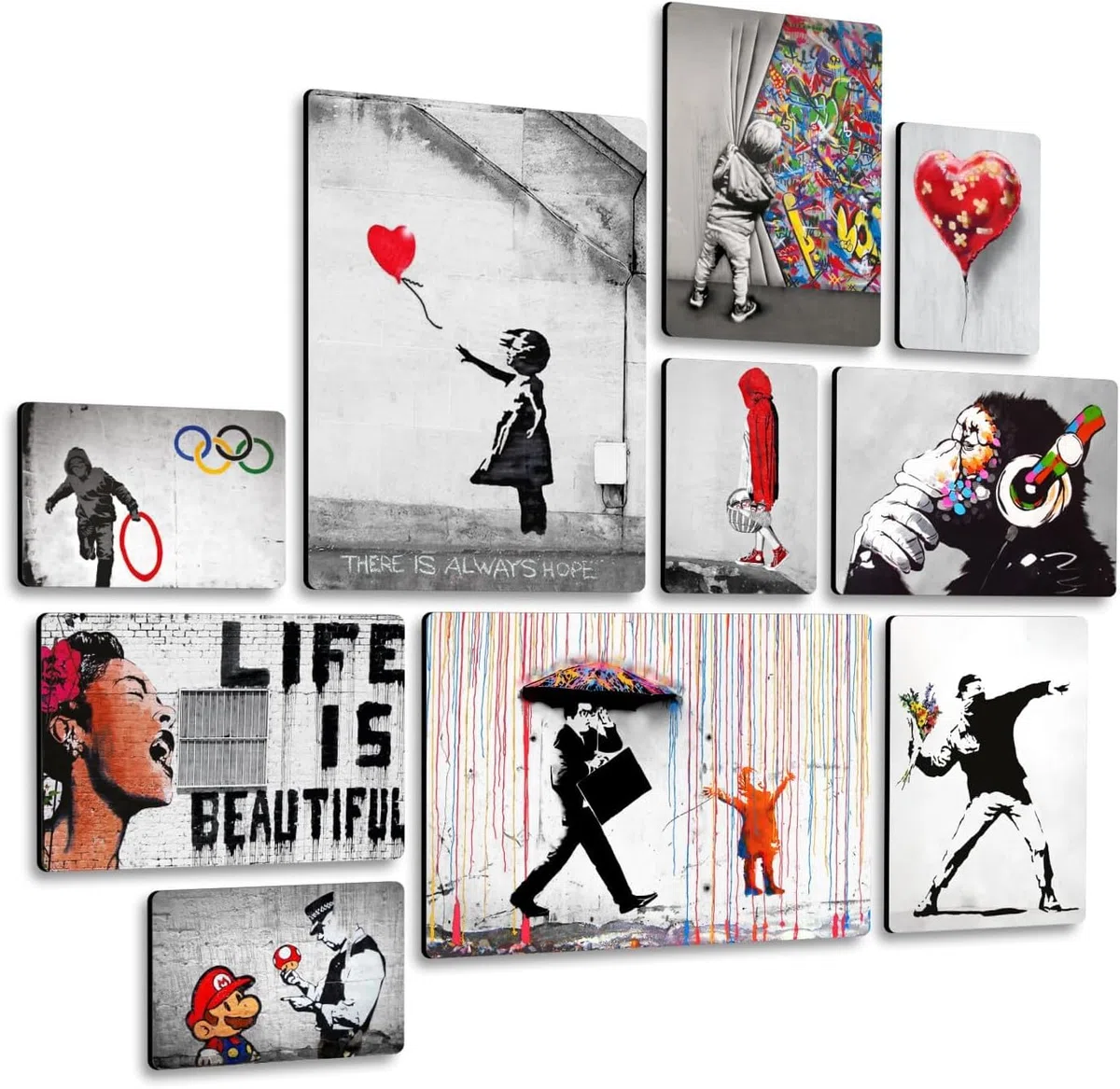 Giallobus - Ensemble de 10 peintures multi-panneaux - Banksy - Collection 1 - Bois MDF - - 2 x 42x29,7cm - 4 x 29,7x21cm - 4 x 21x14,85cm - - Prêt à accrocher - Tableaux