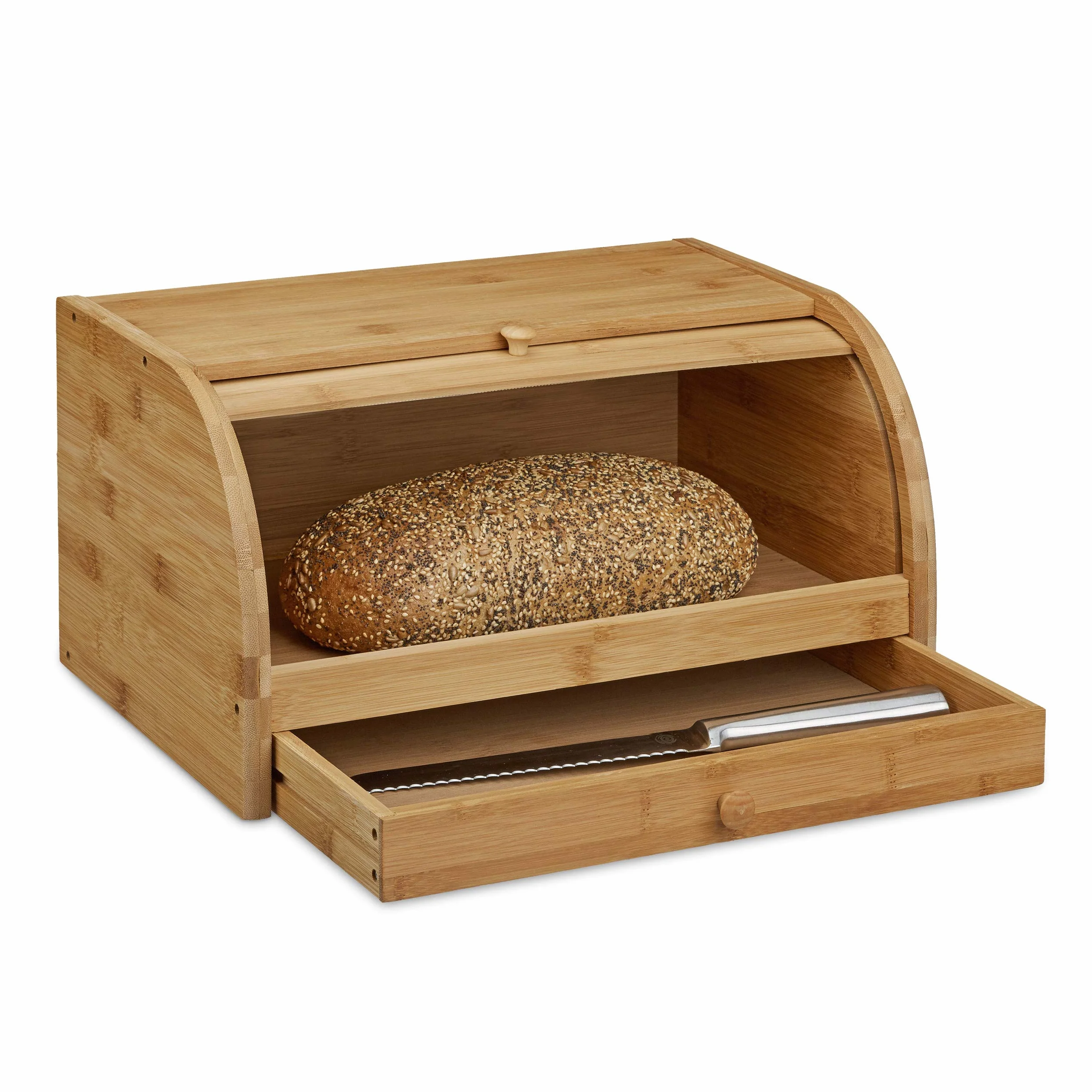 Relaxdays Boîte à pain tiroir couteau caisse à pain en bambou bois couvercle HxlxP: 21 x 40,5 x 28 cm, nature