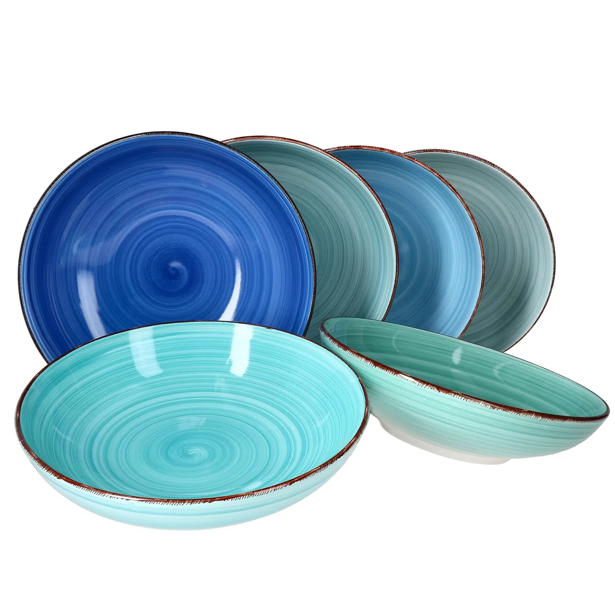 MamboCat Blue Lot de 6 assiettes à spaghetti profondes I Ø 23,5 cm I 800 ml I 6 personnes I Grande assiette à pâtes maritimes Assiette à soupe Bol de service I Vaisselle en grès