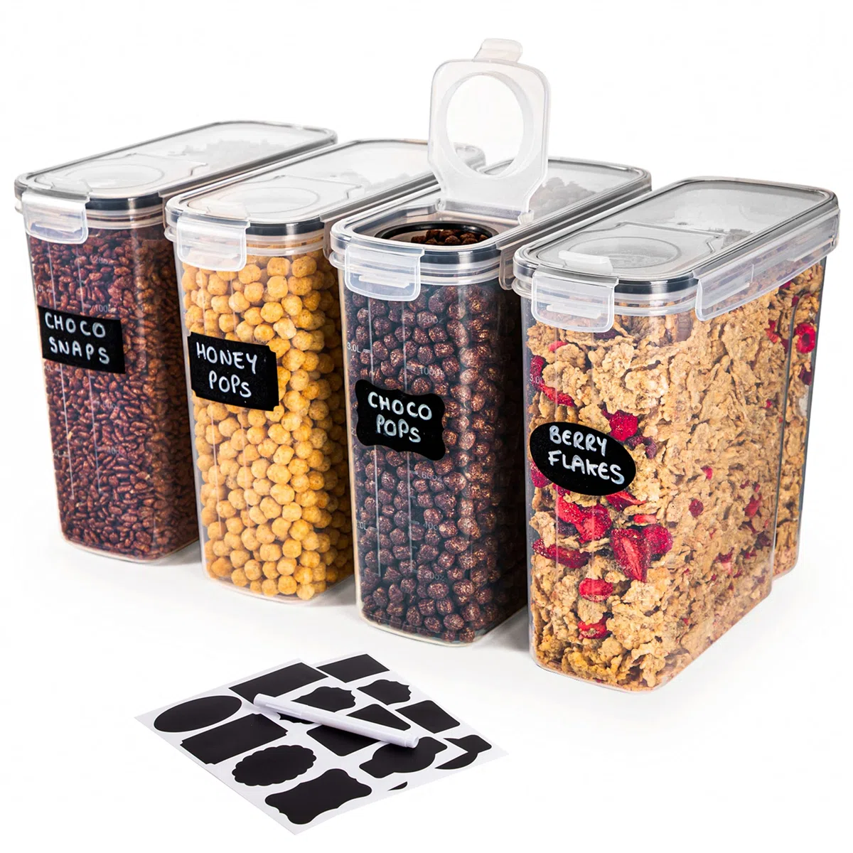 nuovva Lot de 4 boîtes de conservation en plastique pour céréales - Distributeur de céréales pratique - Qualité alimentaire et sans BPA - Durable et facile à utiliser - Idéal pour les cornflakes