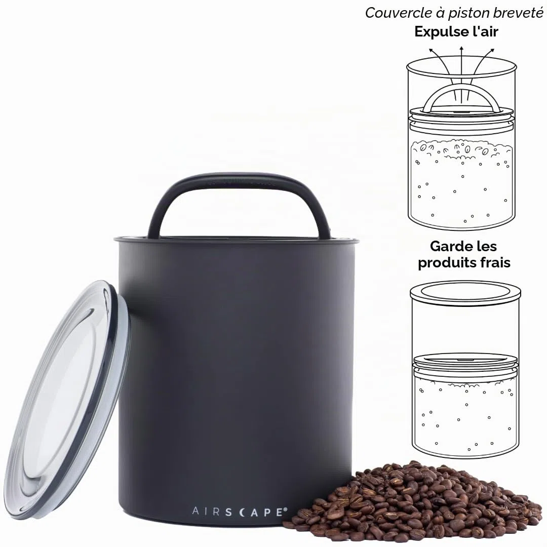 Airscape Boîte de rangement pour café (grains secs de 1,1 kg) – Grande capacité de kilo avec couvercle breveté à libération hermétique pour évacuer l'air pour préserver la fraîcheur - mat noir