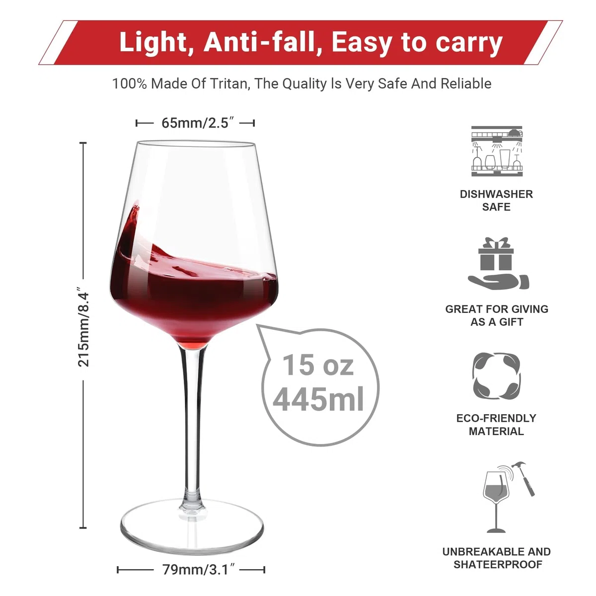 HAHASHOW Incassable Verres à vin Rouge, Tritan-Plastique Verres à Pied, 445ml Verres à Vin Blanc résistants au lave-vaisselle, Lot de 6