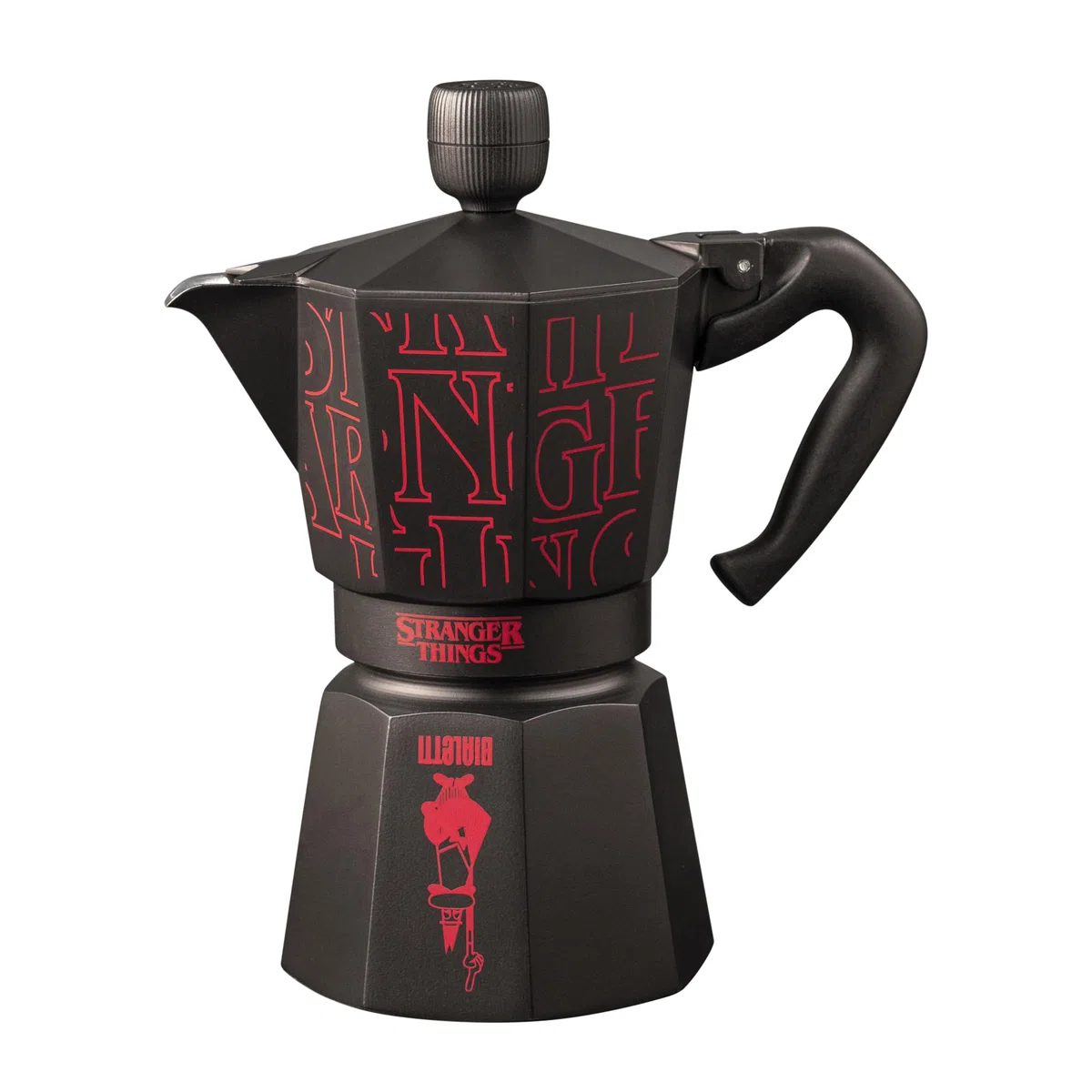 Bialetti Moka Express Stranger Things – Cafetière italienne 6 tasses (270 ml), bouton musical avec recharge USB-C, non compatible induction, noir