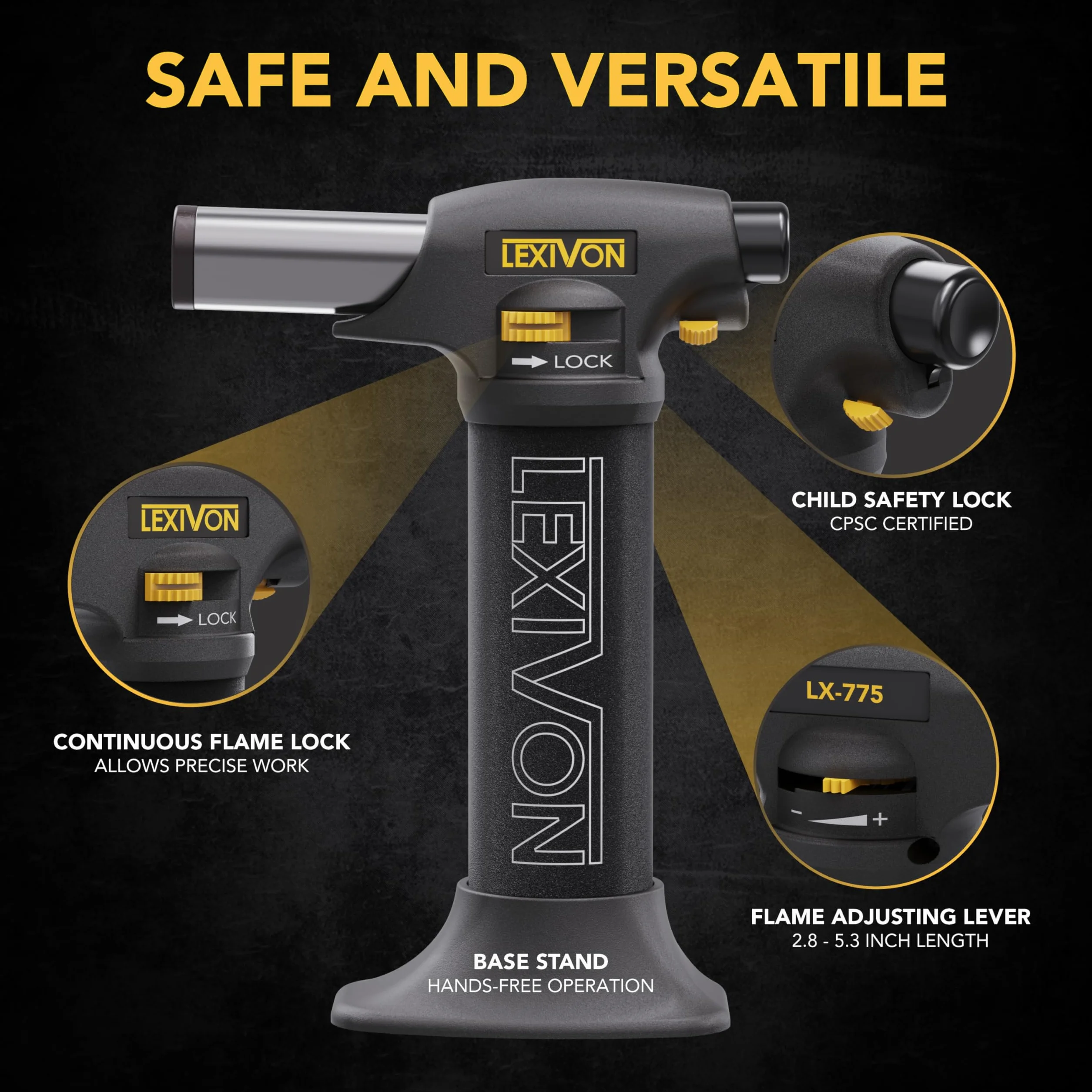 LEXIVON Chalumeau de Cuisine au Butane, Rechargeable | Allumage Automatique avec Verrou de Sécurité et Flamme Réglable | Réservoir en Aluminium de Qualité Professionnelle (LX-775)