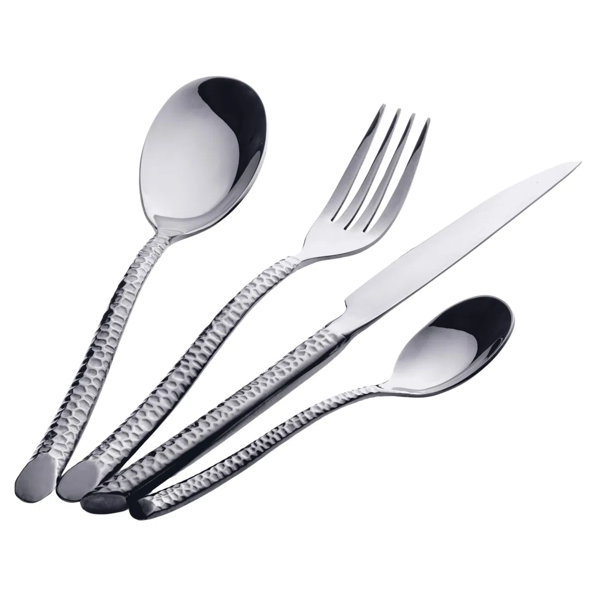 Lot de 24 couverts en acier inoxydable poli, poignée effet martelé, argent, Malindi