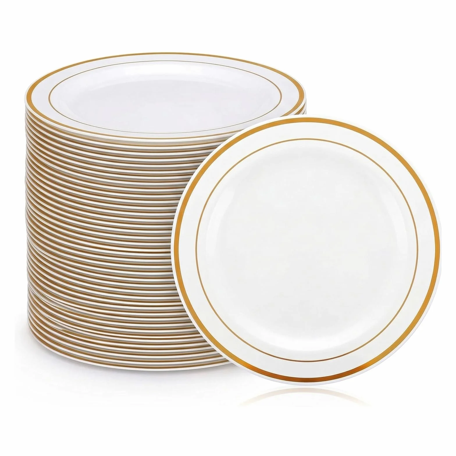 AKOLAFE 50 Pièces Assiette Plastique Reutilisable 20cm Assiette en Plastique Blanche Assiettes Dorées plastique Assiettes plastiques Rigide pour Mariages, Fêtes, Anniversaires, Noël et Baptêmes