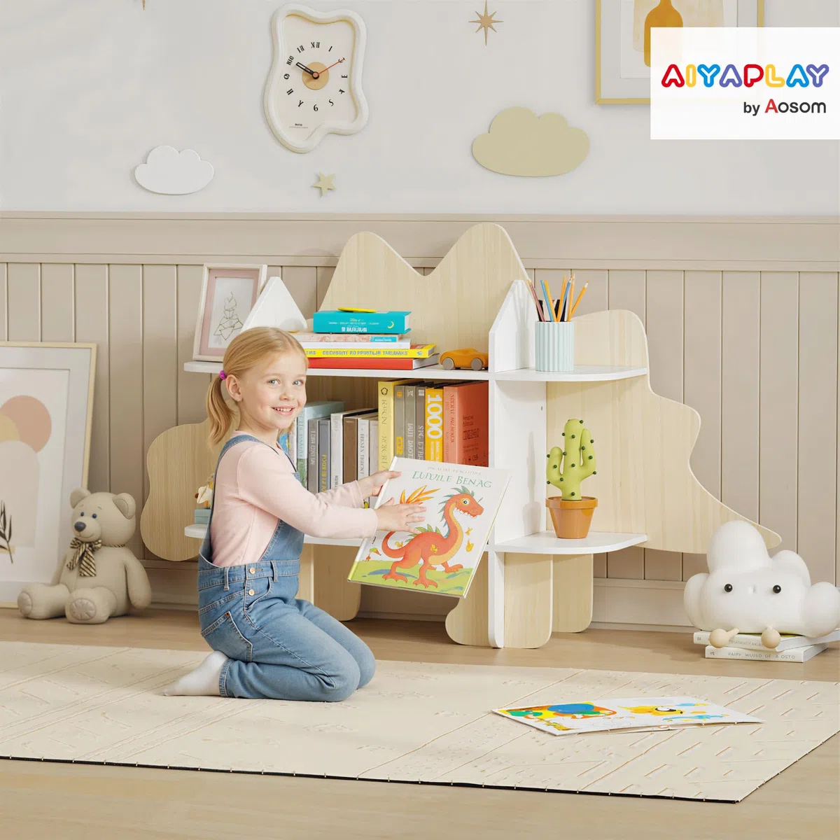 AIYAPLAY Bibliothèque Enfant Design Dinosaure, Meuble de Rangement pour Jouets et Livres, avec 6 Compartiments, 72,2 cm de Hauteur, pour Chambre ou Salle de Jeux, Bois Naturel