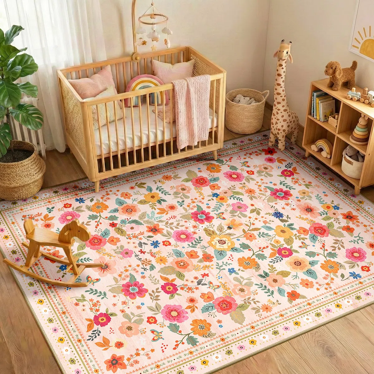 INOVADAY Tapis Lavable 120x180 cm, Style Bohème, Poils Courts, Antidérapant, Imprimé Floral, pour Salon, Chambre à Coucher, Salle à Manger, Bureau,t, Rose/Beige