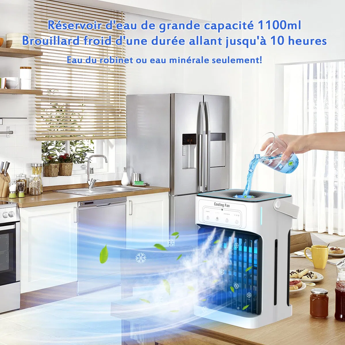 Portable Climatiseur Mobile, 1100ML Rafraichisseur d'air avec 3 Vitesses d'air & 3 Brumes de Refroidissement, 2-8H Timer & 7 LED,USB Clim Mobile pour Chambres,Appartements et Bureaux