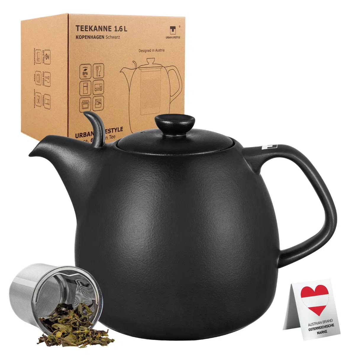 Théière "Copenhague" avec infuseur, 1,6 L, noire, en porcelaine, adaptée pour réchaud avec infuseur amovible en acier inoxydable à mailles fines. Théière en porcelaine.