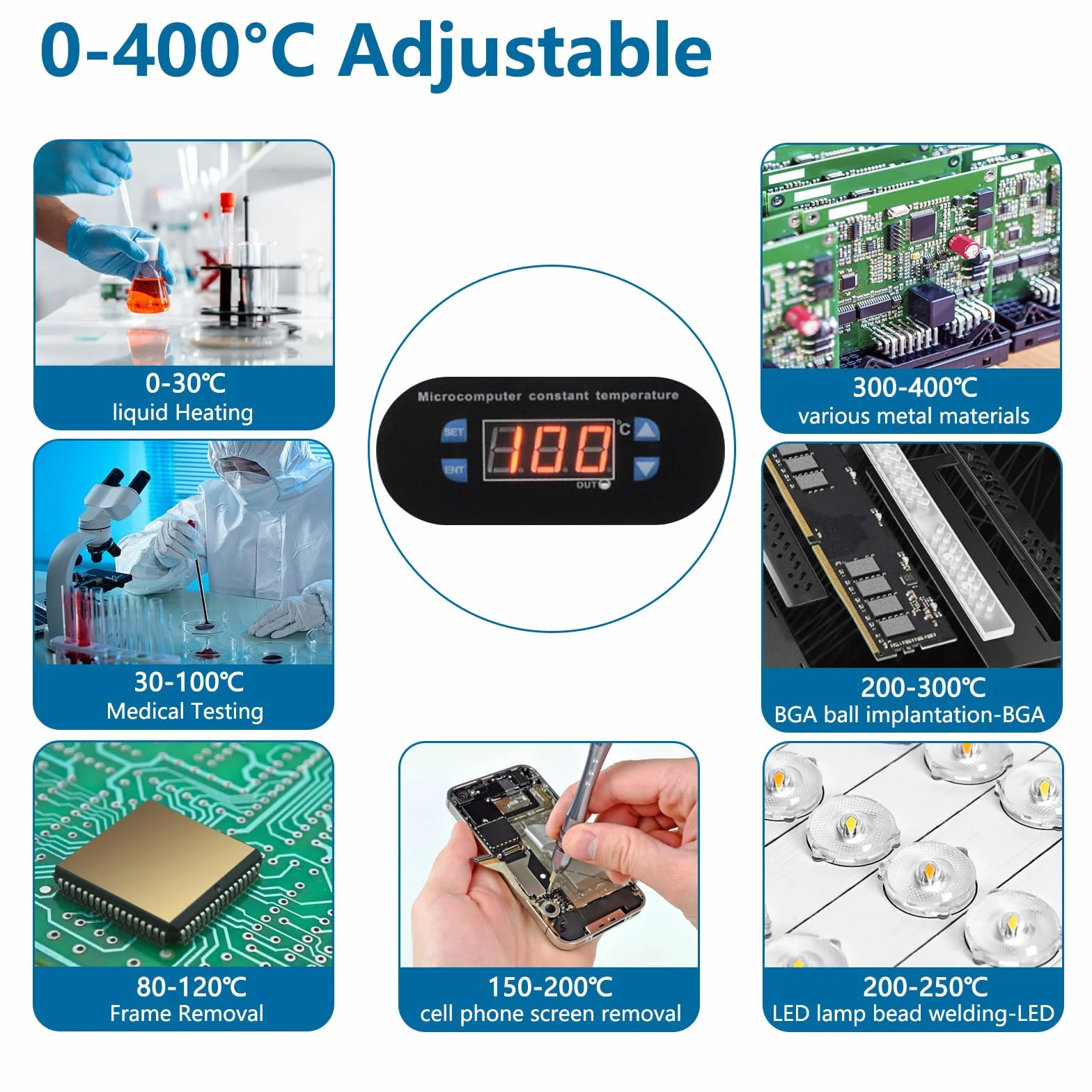 Station de chauffage 500 W, plaque de chauffage électronique, station de préchauffage numérique, LCD, micro-ordinateur électrique, Rework Heater Lab pour chauffage des composants