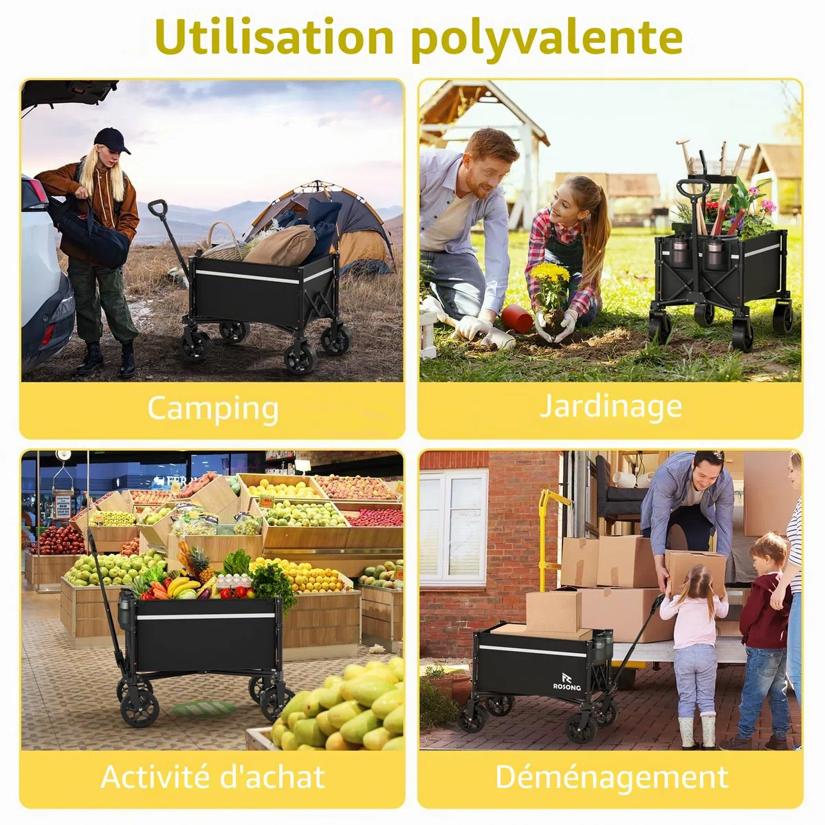 ROSONG Chariot pliable avec roues – Chariot utilitaire et robuste pour épicerie, sport, jardin, shopping, camping – Brouettes (noir, 90 l)