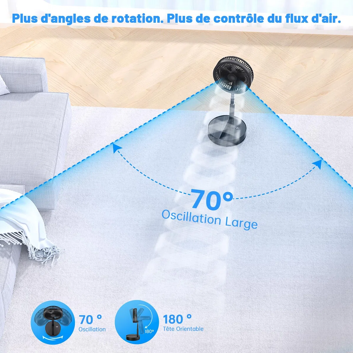 Ventilateur sur Pied Portable Silencieux avec Télécommande, 8.6" 8000mAh USB Rechargeable Pliable Fan pour Sol/Table Basse, 4 Vitesses/Timer Oscillant Ventilateurs pour Bureau Chambre Dormir (Noir)