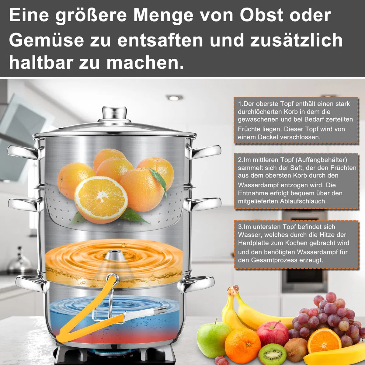 Ikodm Extracteur de Jus à Vapeur, 8L INOX Ø 26cm Extracteur de jus pour Fruits et légumes, convient à tous les types de cuisinières, y compris l'induction
