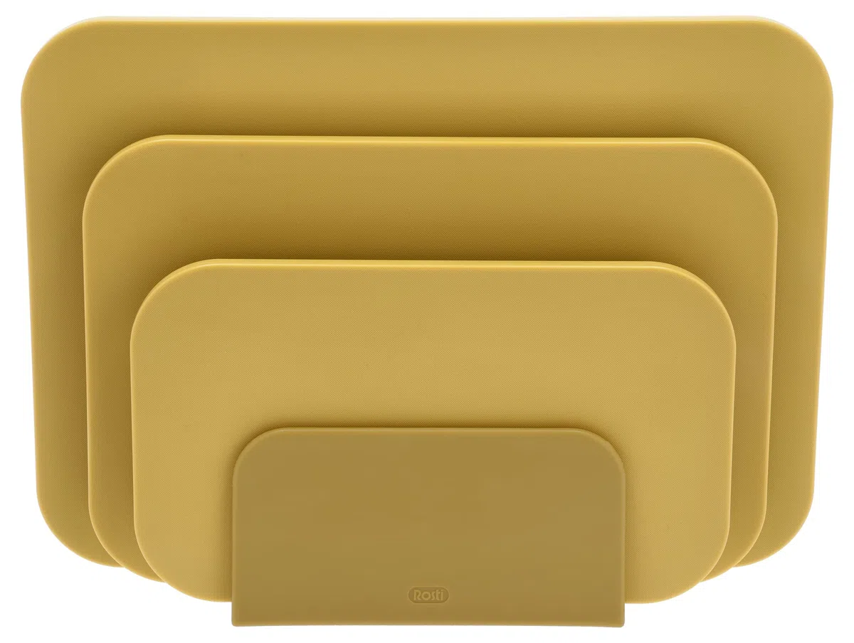 Rosti Chaptima Set de 3 Planches à Découper en Plastique - Lavable au Lave-Vaisselle - avec Support de Rangement, Curry
