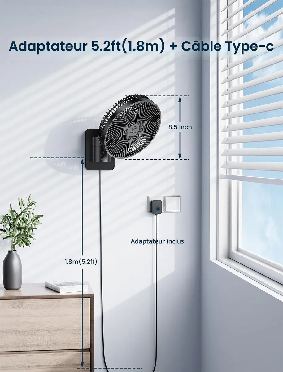 Ventilateur mural oscillant silencieux de 21,6 cm avec télécommande et minuterie, 4 vitesses réglables pour petites salles de bains, rafraîchissement des chambres intérieures pour camping-car