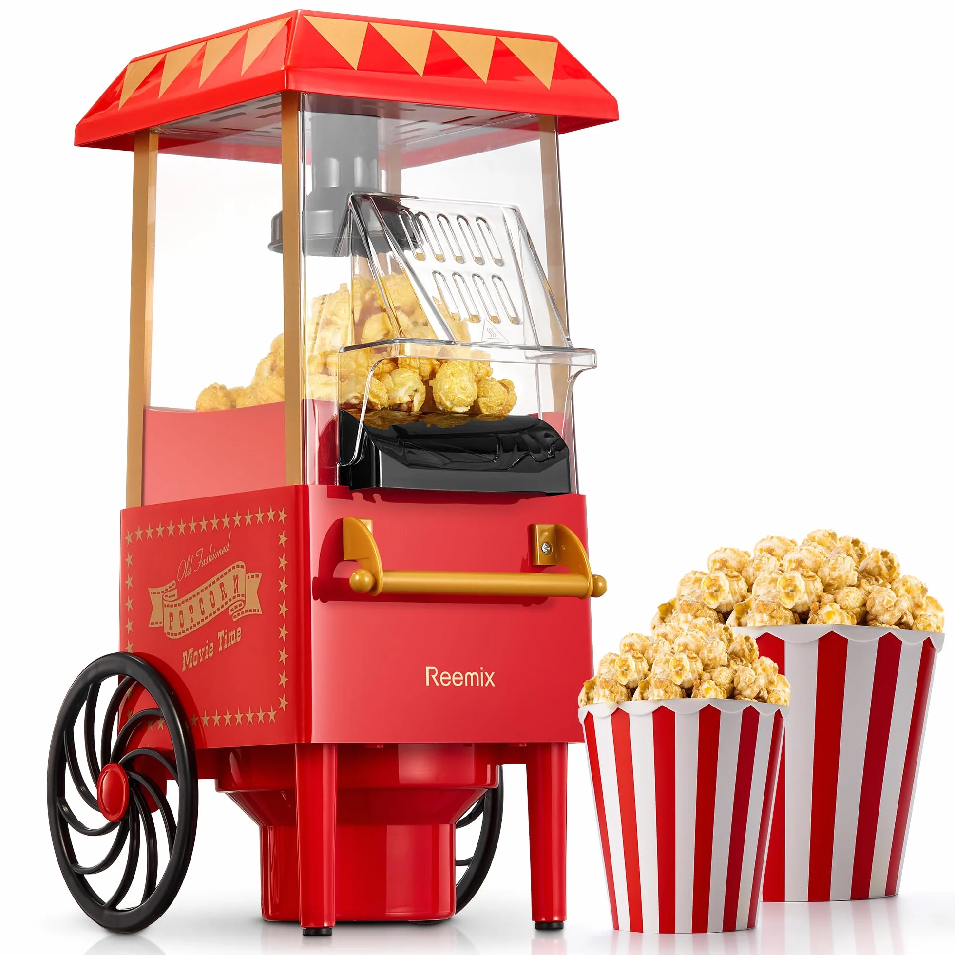 Machine à popcorn, Reemix 1200W Machine à popcorn électrique, Sans huile, Popcorn frais fait maison en moins de 3 minutes, Utilise de l'air chaud, Couvercle détachable, Fêtes, Soirées cinéma, Rouge