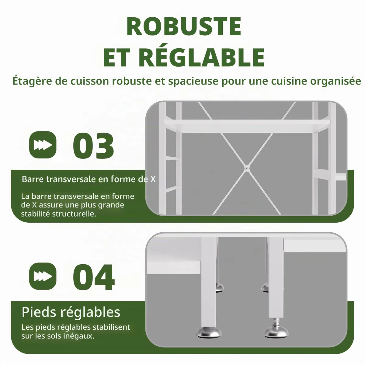 Étagère de cuisine pour boulanger, support de four à micro-ondes avec cadre en bambou, bar à café avec panier en fil métallique et 6 crochets pour cuisine, salon, bureau (Blanc)