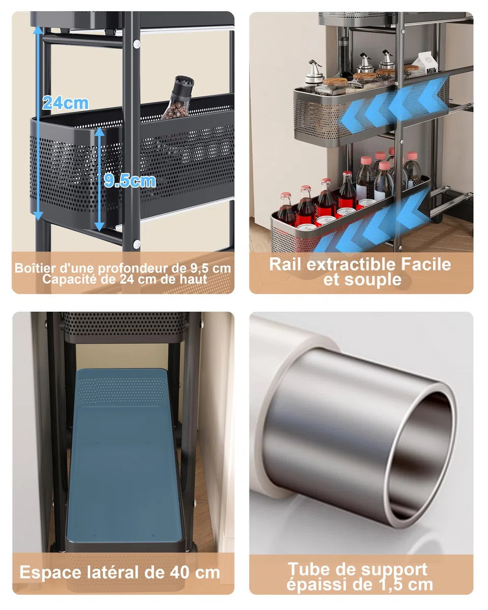 UMDONX Chariots de Rangement pour Cuisine Chariot à roulettes étroit en métal à 5 Niveaux desserte à roulettes sur roulettes avec tiroirs coulissants étagère de Niche(Noir)