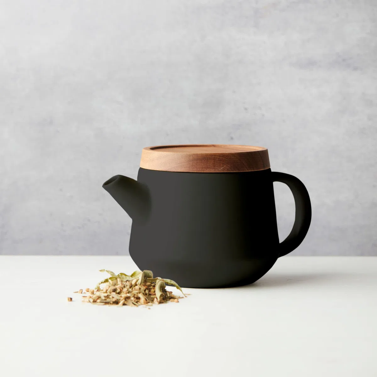 Point-Virgule Théière avec infuseur à thé en INOX, Service a The avec Couvercle, sous-Verre en Acacia, Noir, 600ml