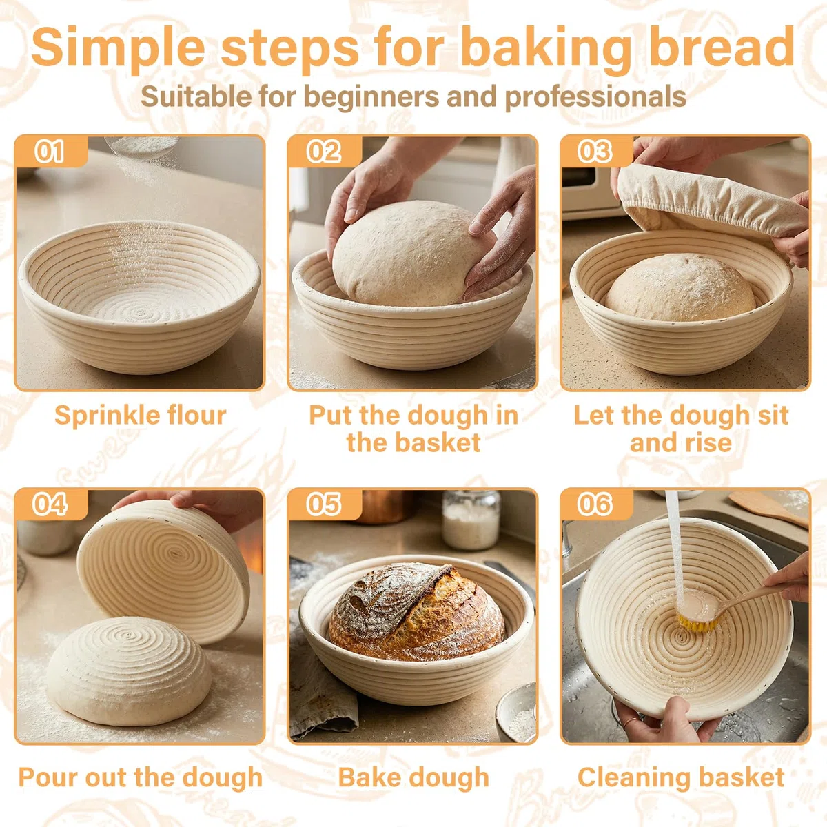 Banneton Pour Pain, Kit Boulangerie Levain, Corbeille a Pain en Rotin Naturel 23 cm Rond et 25 cm Ovale, Panier Fermentation Pain set pour les Débutants et Professionnels