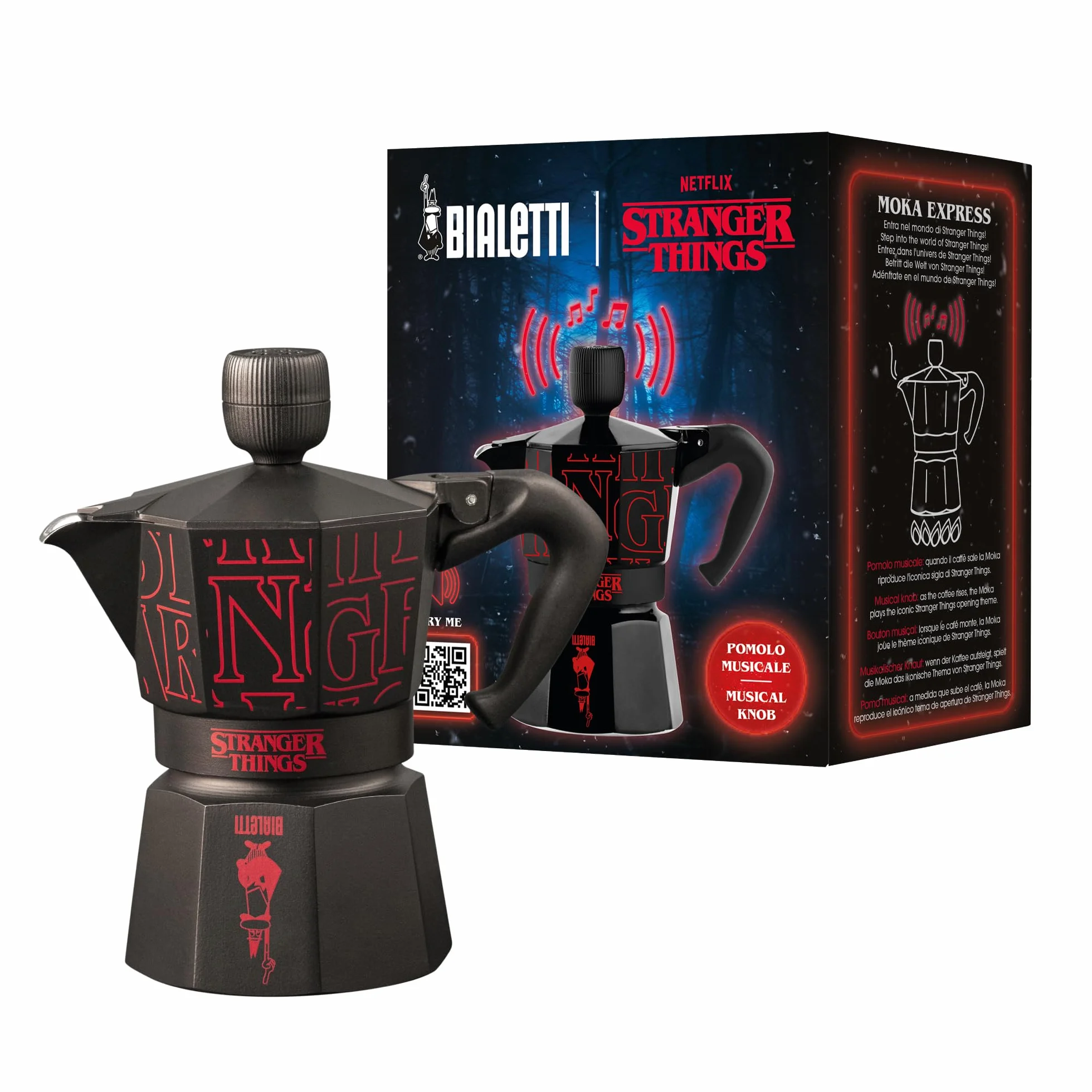 Bialetti Moka Express Stranger Things – Cafetière italienne 3 tasses (130 ml), bouton musical avec recharge USB-C, non compatible induction, noir