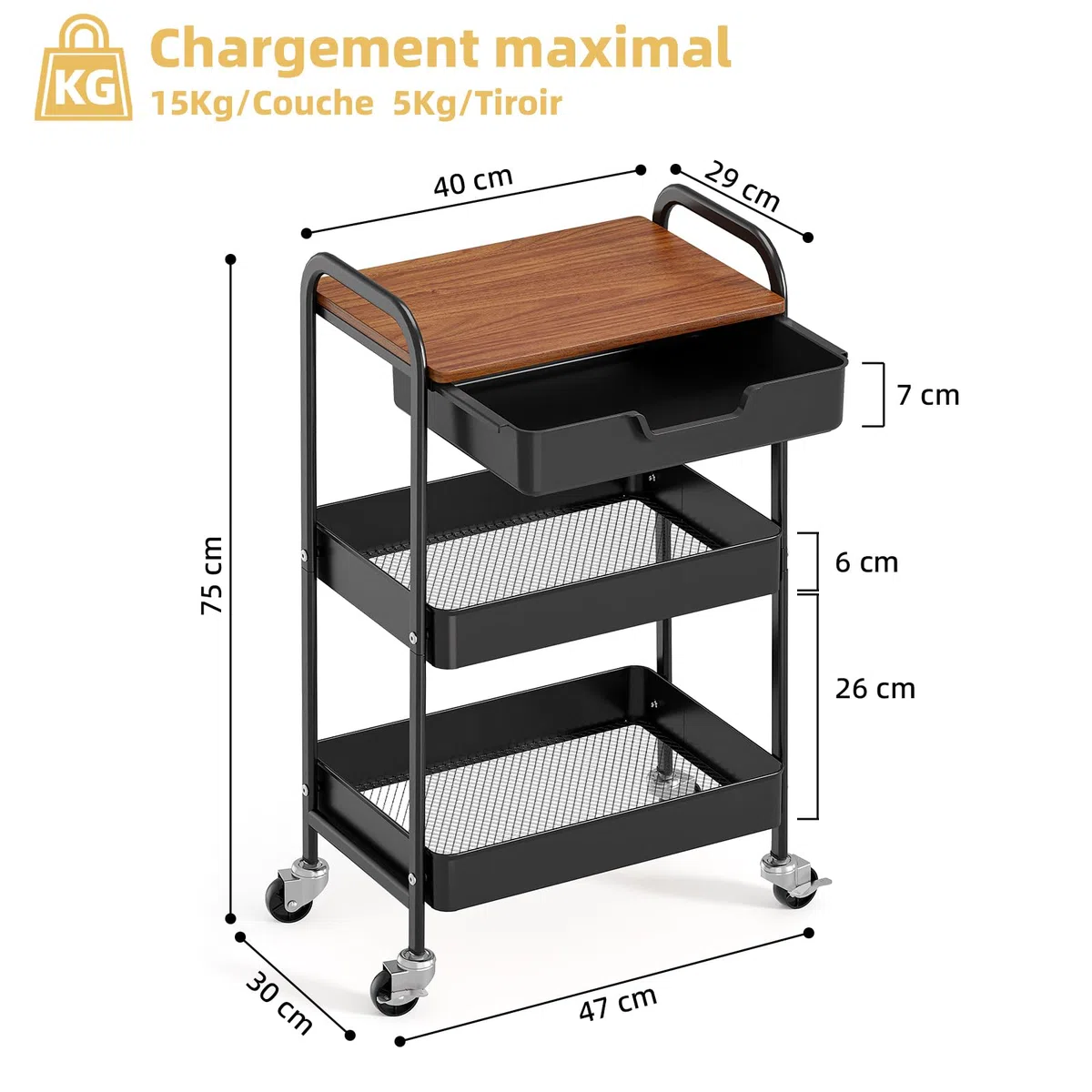 kingrack Chariot de Rangement à 3 Niveaux avec Plateau, Chariot Multifonction en métal pour Cuisine, Maison, Bureau, Salle de Bain, Noir