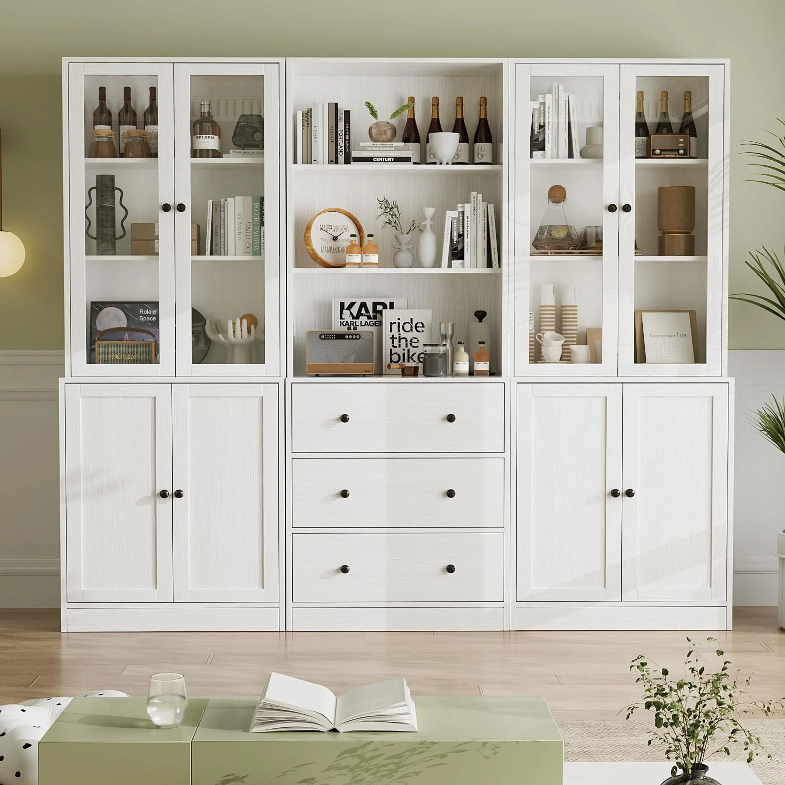 VOWNER Vitrine en Verre 180 cm Haute, Bibliothèque avec Portes en Verre, Étagère Haute sur 6 Niveaux, Bibliothèque Meuble de Rangement,Armoire Vitrine pour Bureau, Salon, ABA(Blanc)