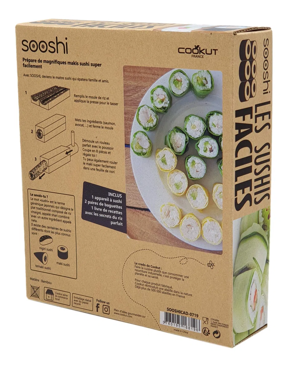COOKUT - Coffret SOOSHI - Kit pour préparer de Magnifiques makis Sushi Super Facilement avec Appareil en Bambou, Baguettes et Livre de Recettes