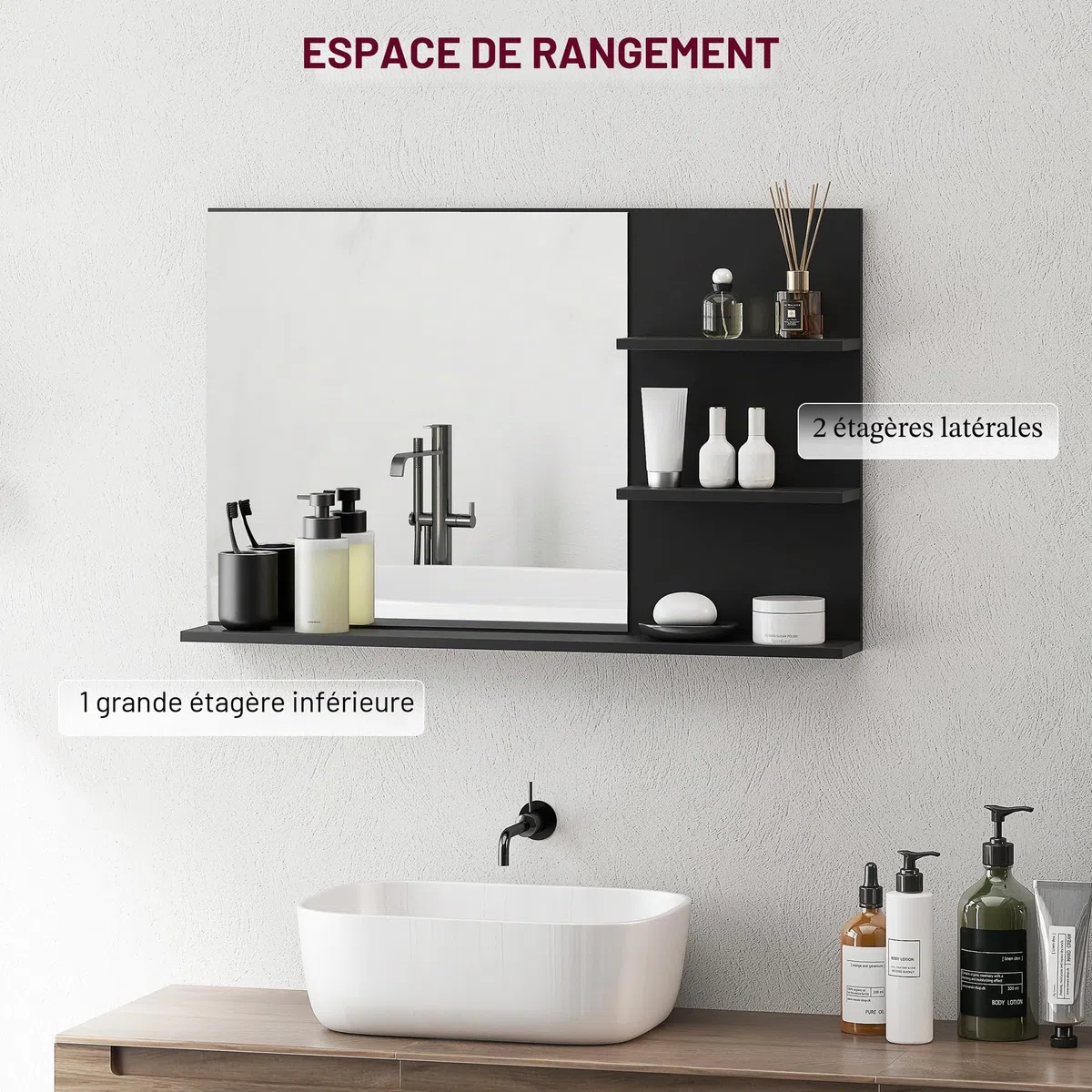 kleankin Miroir de Salle de Bain Moderne avec 2 étagères latérales et Une étagère inférieure, Miroir Mural en MDF et Verre, 75x10x48 cm, Noir