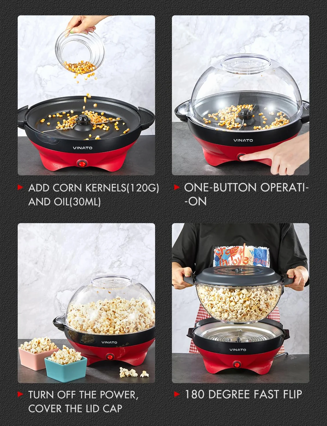 VINATO Machine a Pop Corn, Machine à Pop Corn 5L Grande pour la Maison, avec Revêtement Antiadhésif et Surface de Chauffe Amovible, Machine Pop Corn Silencieuse et Rapide