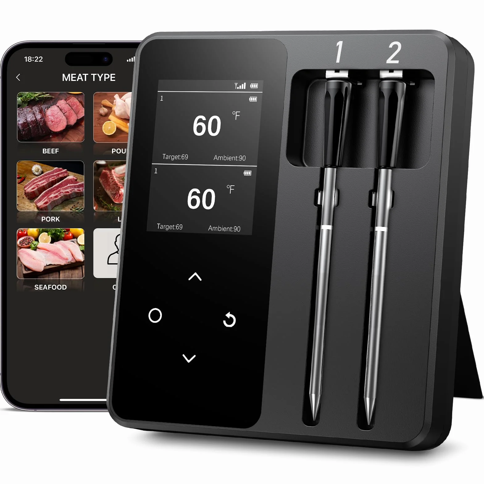 Thermomètre Cuisine Sans Fil avec 2 Sondes, Grand Écran LCD, 130m Meat Thermometer Bluetooth avec Smart APP, Sonde Temperature Connectée pour Barbecue, Four, Grill, Fumoir, Rôtisserie, Airfryer