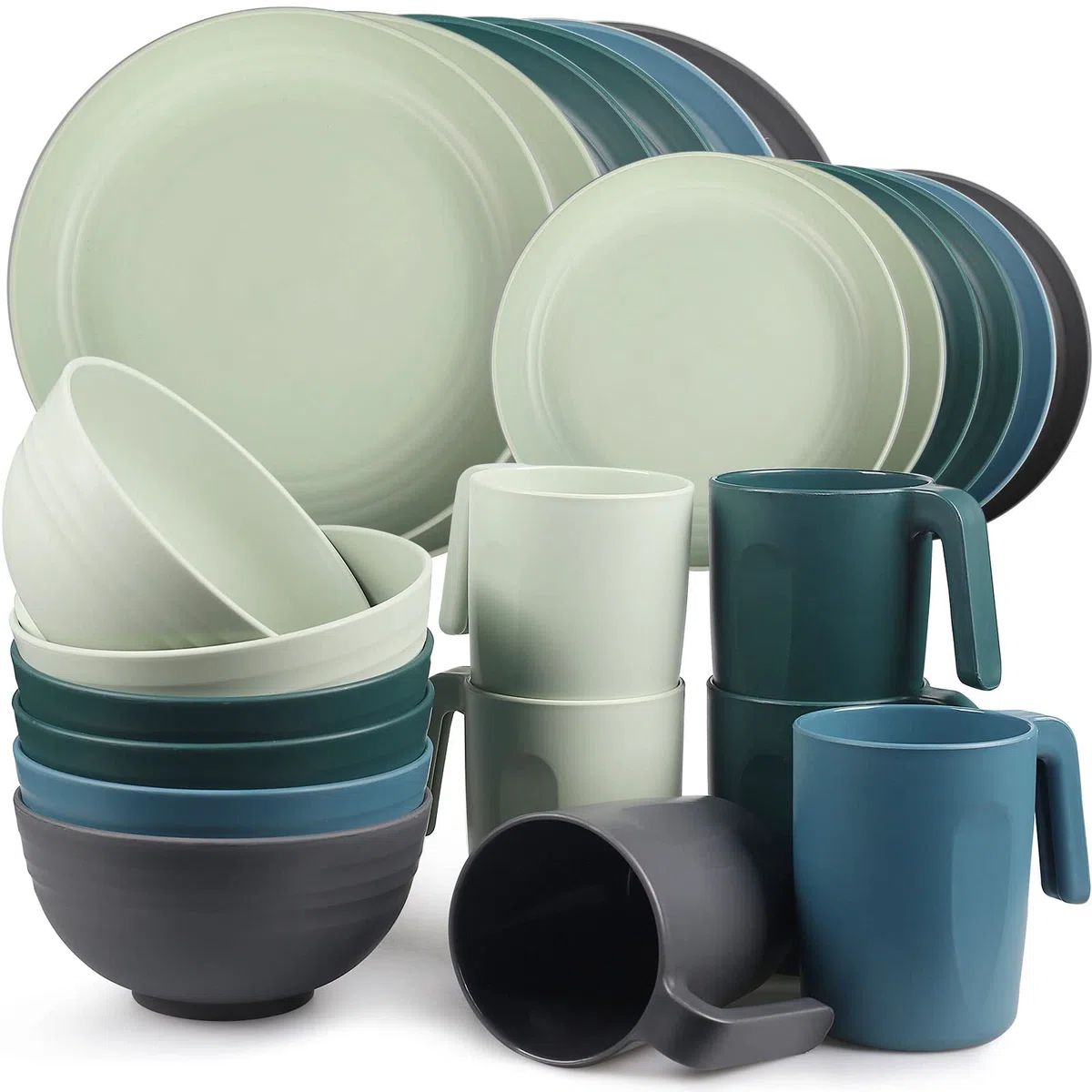 Greentainer Ensemble de vaisselle en plastique incassable (24 pièces) | des assiettes, des bols, des tasses, adaptés à 6 personnes, enfants et adultes sont applicables, peuvent être réutilisés